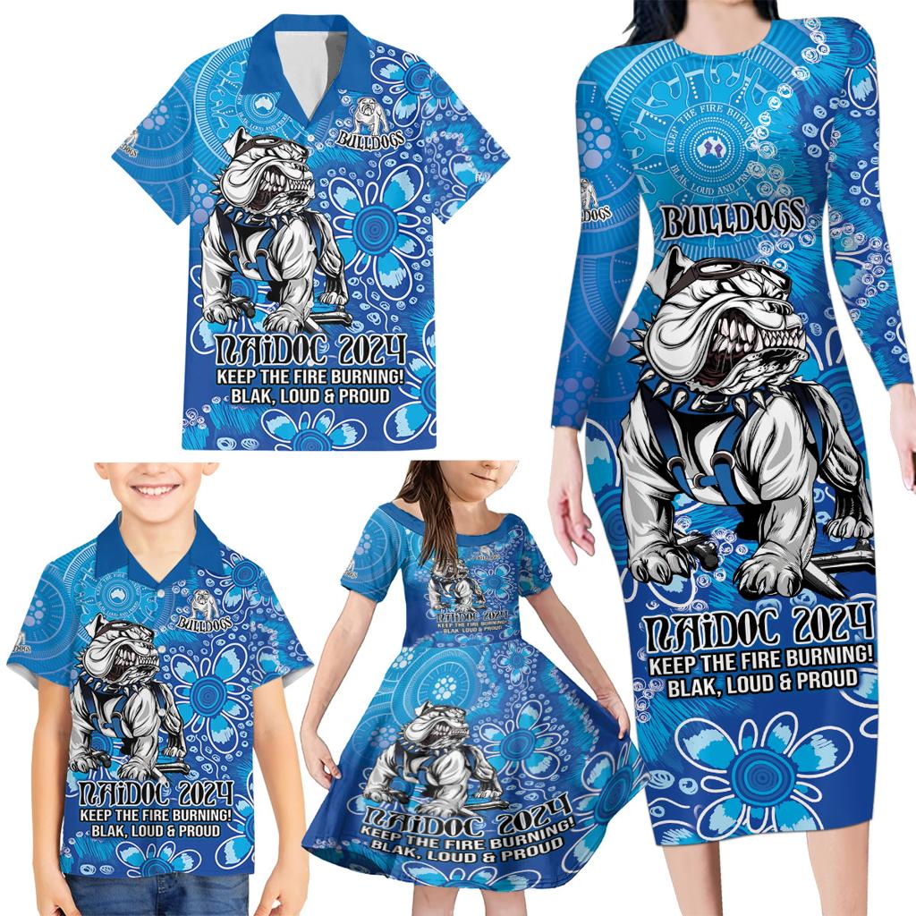 Personalised Bulldogs NAIDOC Week 2024 Family Matching Long Sleeve Bodycon Dress and Hawaiian Shirt Aboriginal Fire Burning Sparks