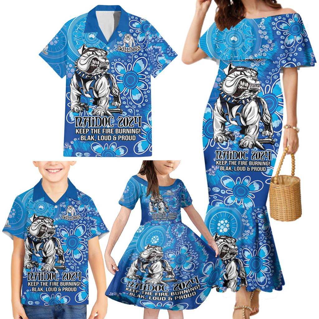 Personalised Bulldogs NAIDOC Week 2024 Family Matching Mermaid Dress and Hawaiian Shirt Aboriginal Fire Burning Sparks