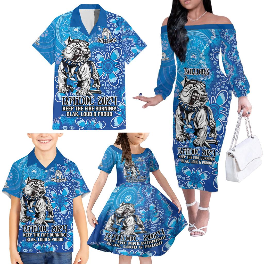 Personalised Bulldogs NAIDOC Week 2024 Family Matching Off The Shoulder Long Sleeve Dress and Hawaiian Shirt Aboriginal Fire Burning Sparks