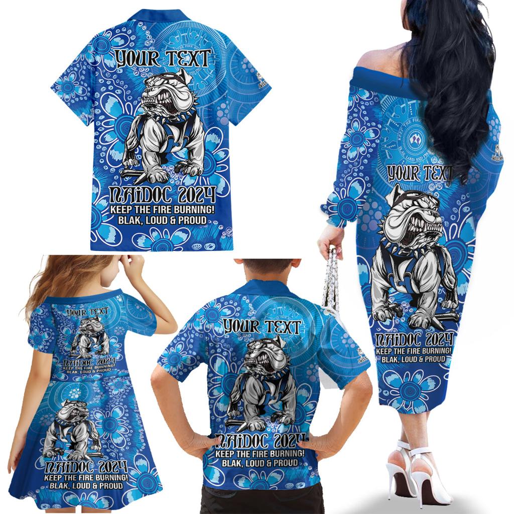 Personalised Bulldogs NAIDOC Week 2024 Family Matching Off The Shoulder Long Sleeve Dress and Hawaiian Shirt Aboriginal Fire Burning Sparks