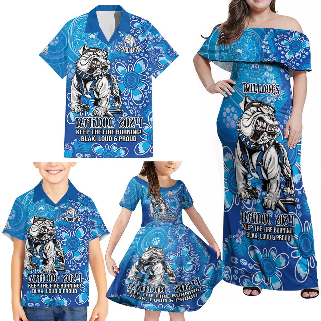 Personalised Bulldogs NAIDOC Week 2024 Family Matching Off Shoulder Maxi Dress and Hawaiian Shirt Aboriginal Fire Burning Sparks
