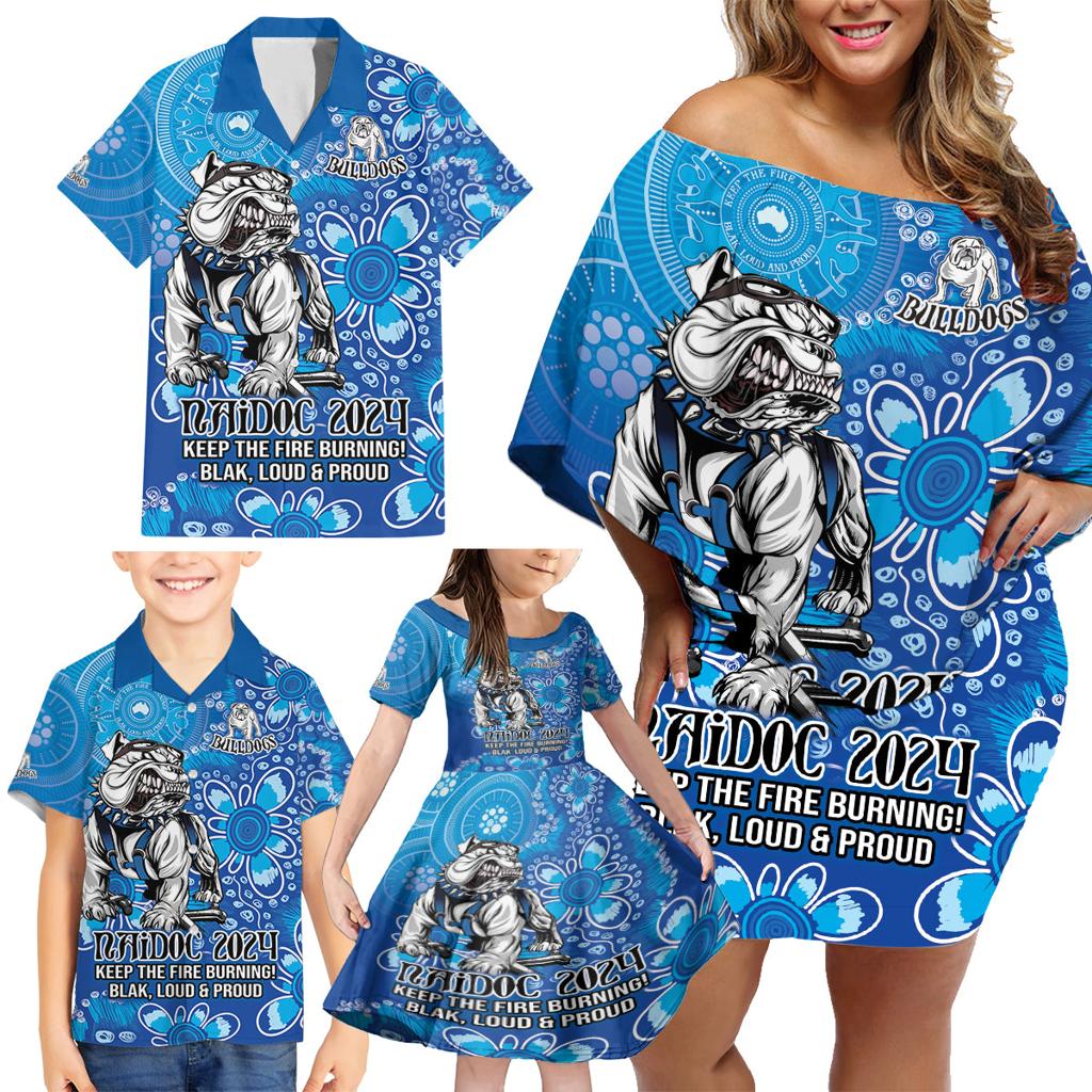 Personalised Bulldogs NAIDOC Week 2024 Family Matching Off Shoulder Short Dress and Hawaiian Shirt Aboriginal Fire Burning Sparks