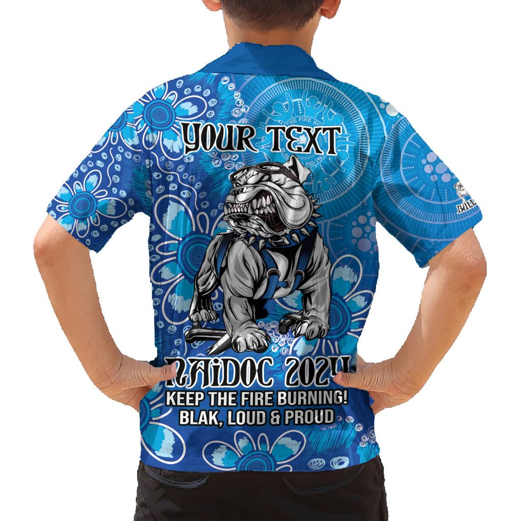 Personalised Bulldogs NAIDOC Week 2024 Family Matching Off Shoulder Short Dress and Hawaiian Shirt Aboriginal Fire Burning Sparks
