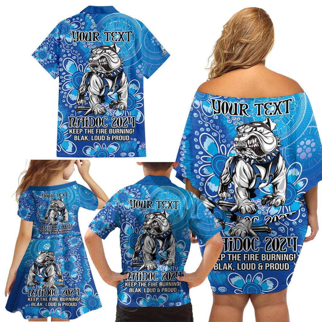 Personalised Bulldogs NAIDOC Week 2024 Family Matching Off Shoulder Short Dress and Hawaiian Shirt Aboriginal Fire Burning Sparks