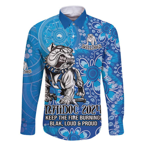 Personalised Bulldogs NAIDOC Week 2024 Family Matching Off Shoulder Short Dress and Hawaiian Shirt Aboriginal Fire Burning Sparks