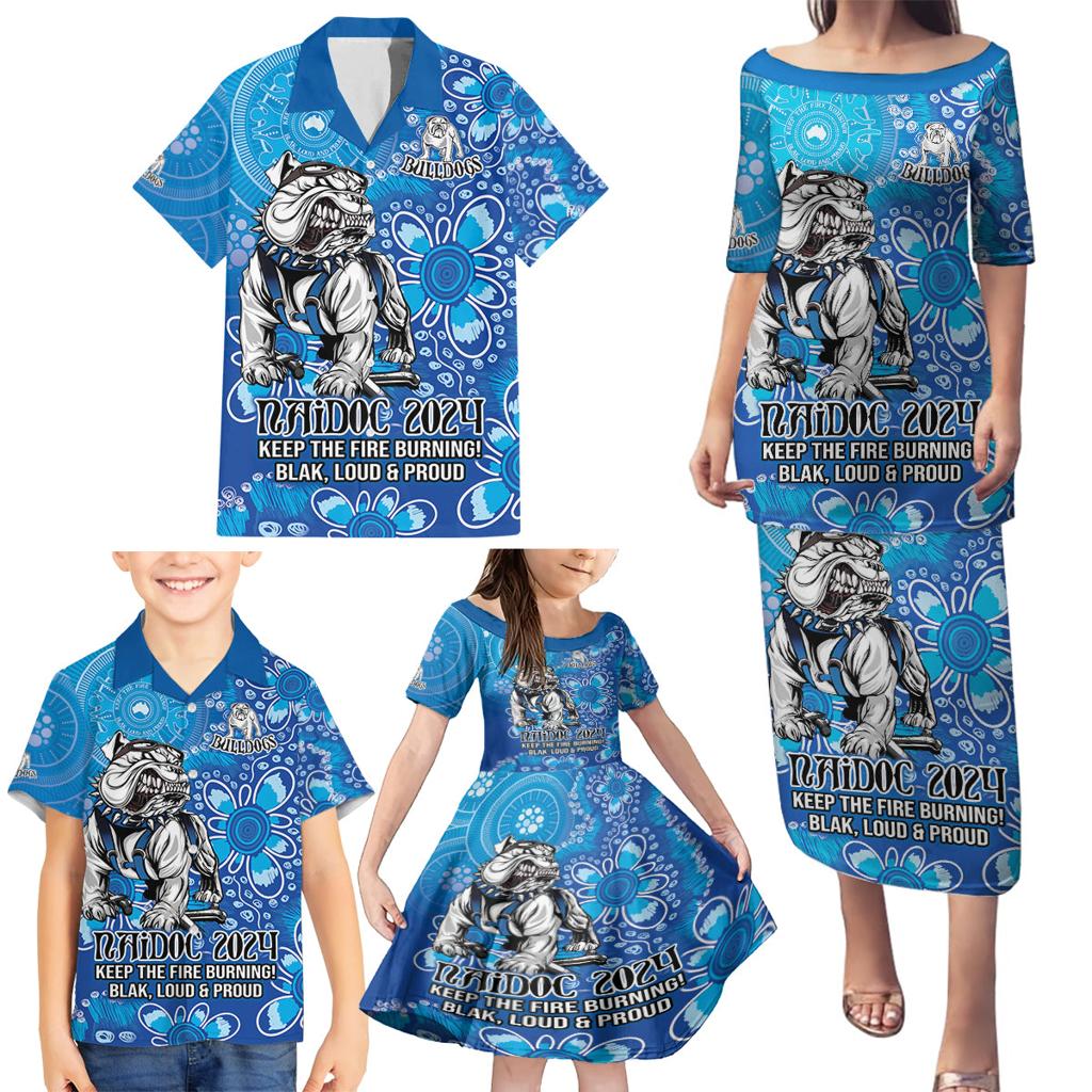 Personalised Bulldogs NAIDOC Week 2024 Family Matching Puletasi and Hawaiian Shirt Aboriginal Fire Burning Sparks