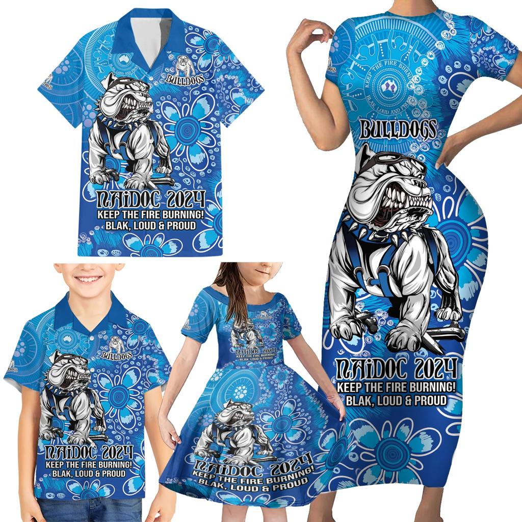 Personalised Bulldogs NAIDOC Week 2024 Family Matching Short Sleeve Bodycon Dress and Hawaiian Shirt Aboriginal Fire Burning Sparks