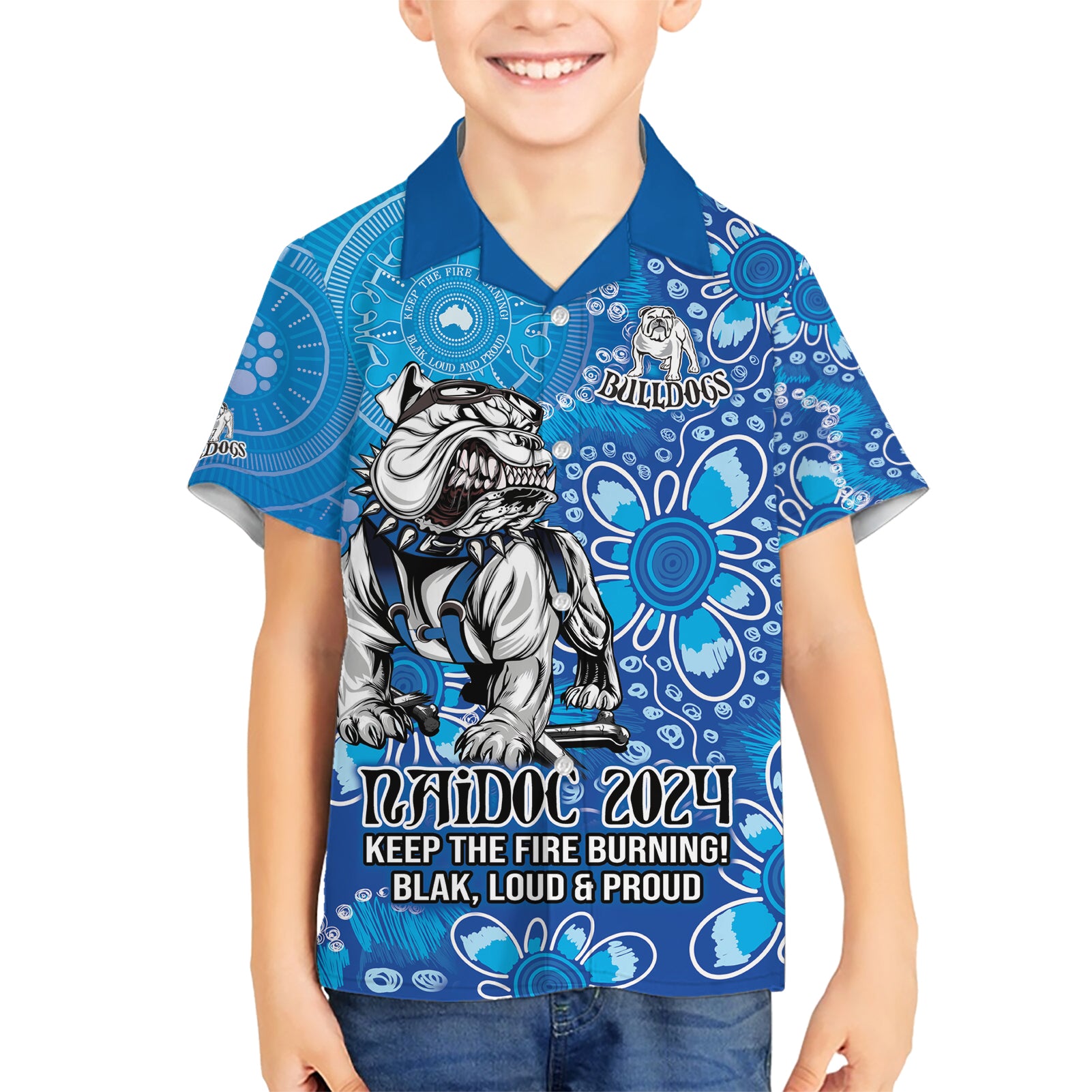 Personalised Bulldogs NAIDOC Week 2024 Kid Hawaiian Shirt Aboriginal Fire Burning Sparks
