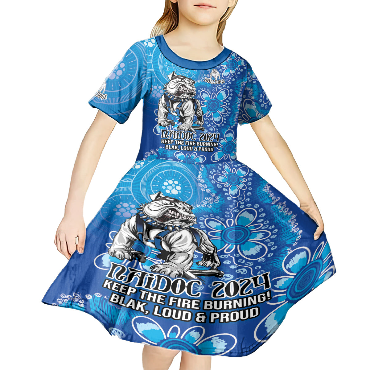 Personalised Bulldogs NAIDOC Week 2024 Kid Short Sleeve Dress Aboriginal Fire Burning Sparks