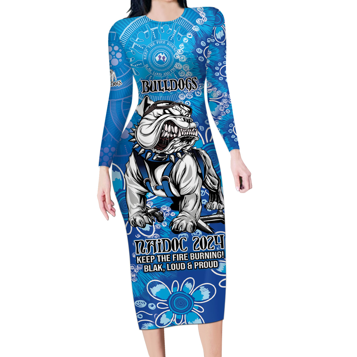 Personalised Bulldogs NAIDOC Week 2024 Long Sleeve Bodycon Dress Aboriginal Fire Burning Sparks