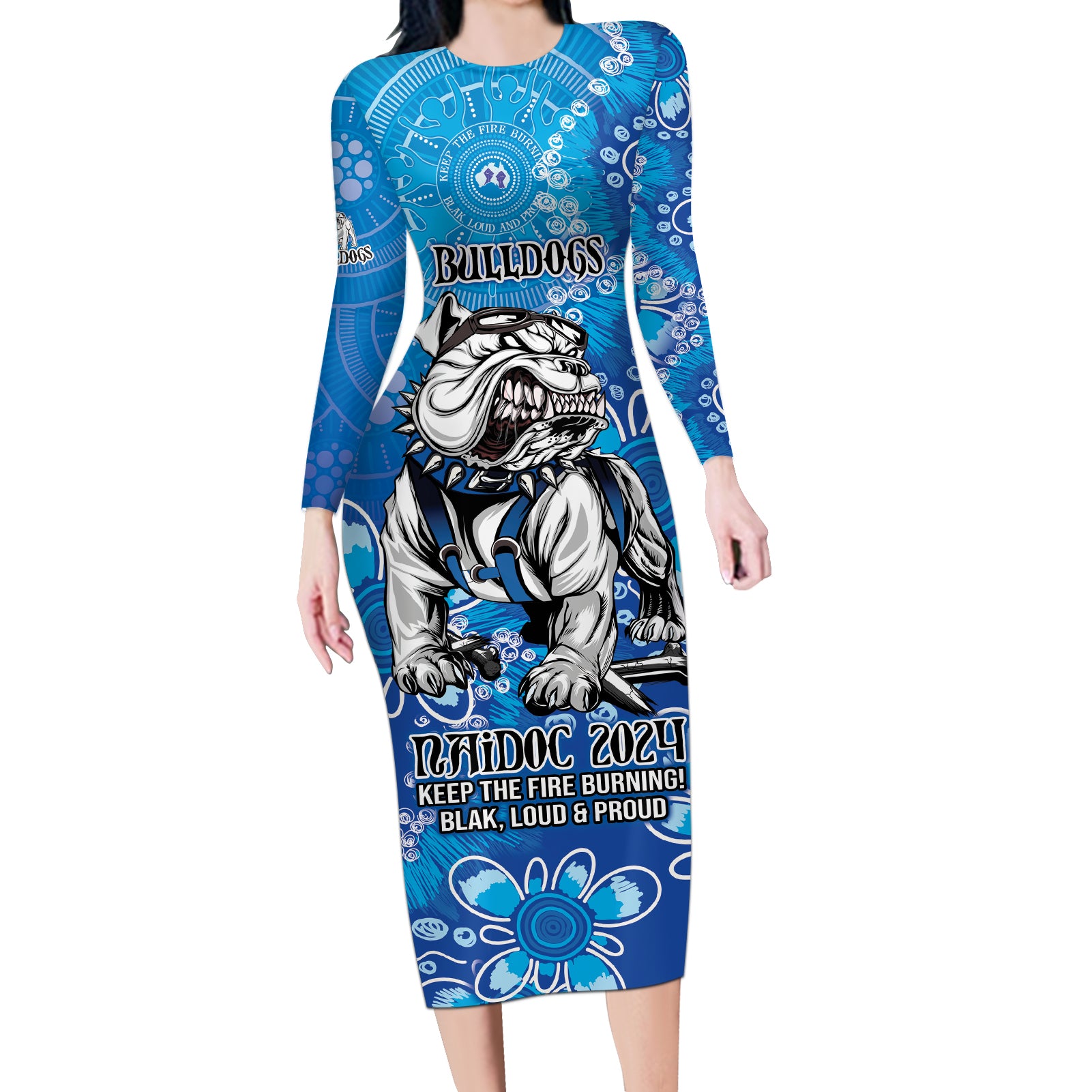 Personalised Bulldogs NAIDOC Week 2024 Long Sleeve Bodycon Dress Aboriginal Fire Burning Sparks