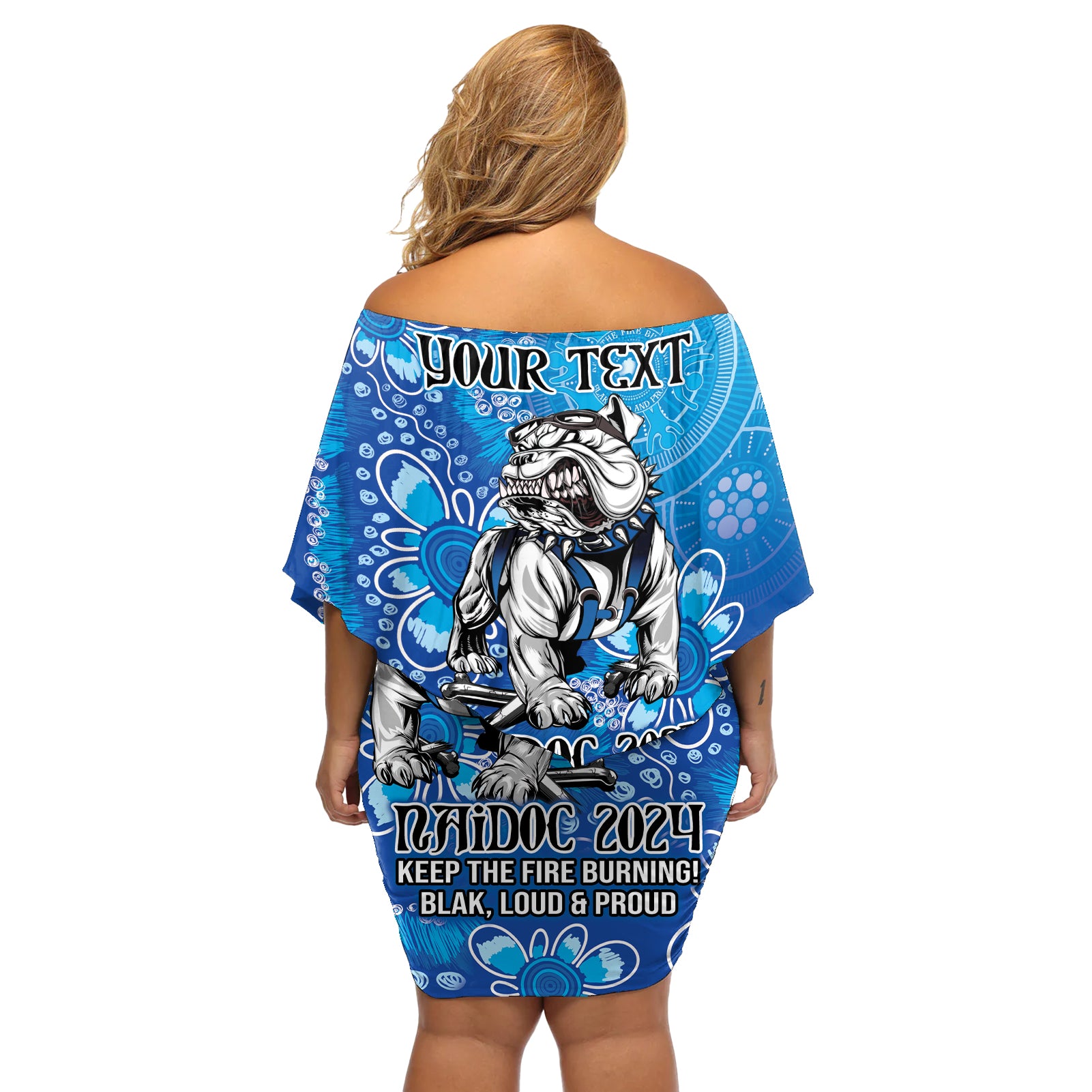 Personalised Bulldogs NAIDOC Week 2024 Off Shoulder Short Dress Aboriginal Fire Burning Sparks
