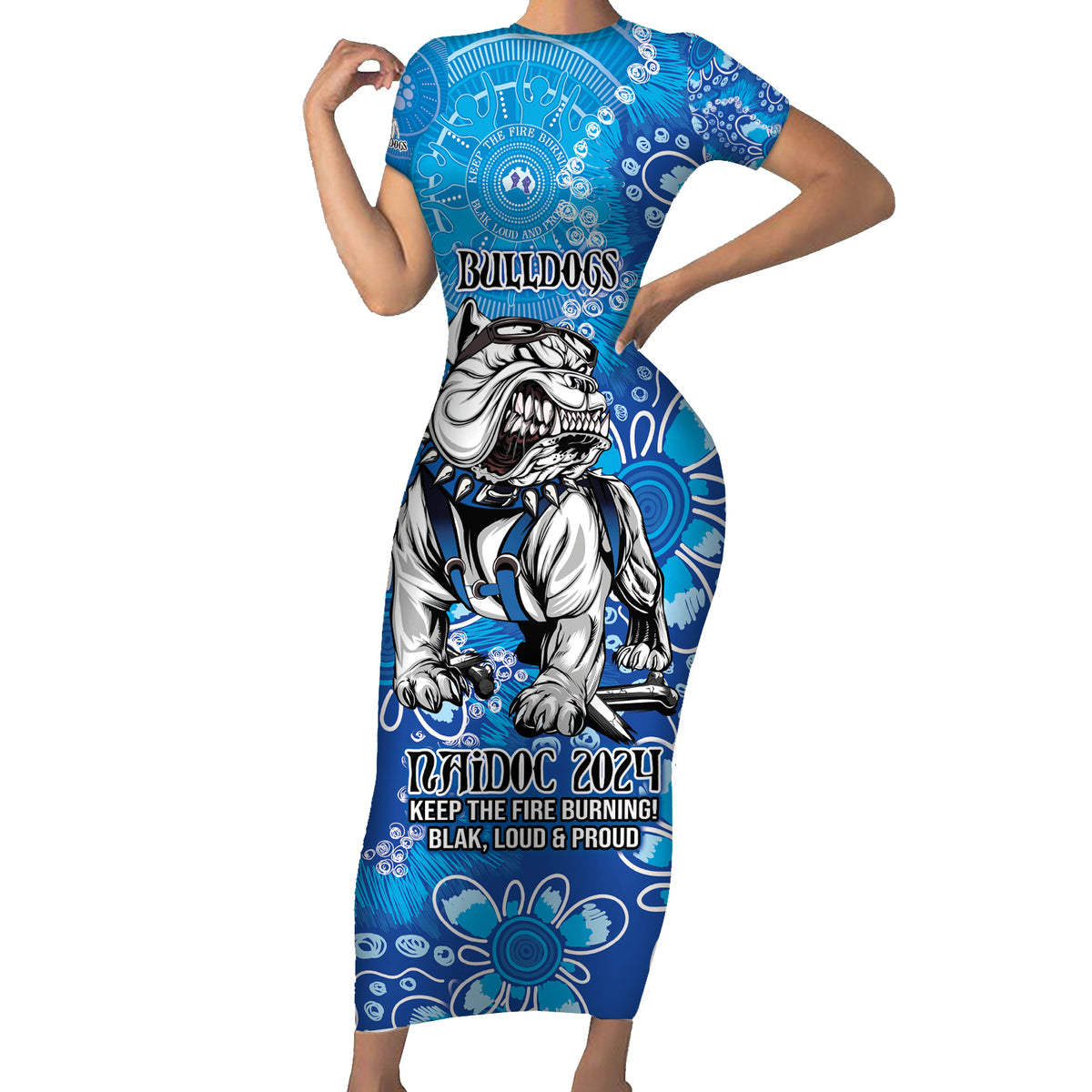 Personalised Bulldogs NAIDOC Week 2024 Short Sleeve Bodycon Dress Aboriginal Fire Burning Sparks