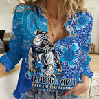 Personalised Bulldogs NAIDOC Week 2024 Women Casual Shirt Aboriginal Fire Burning Sparks