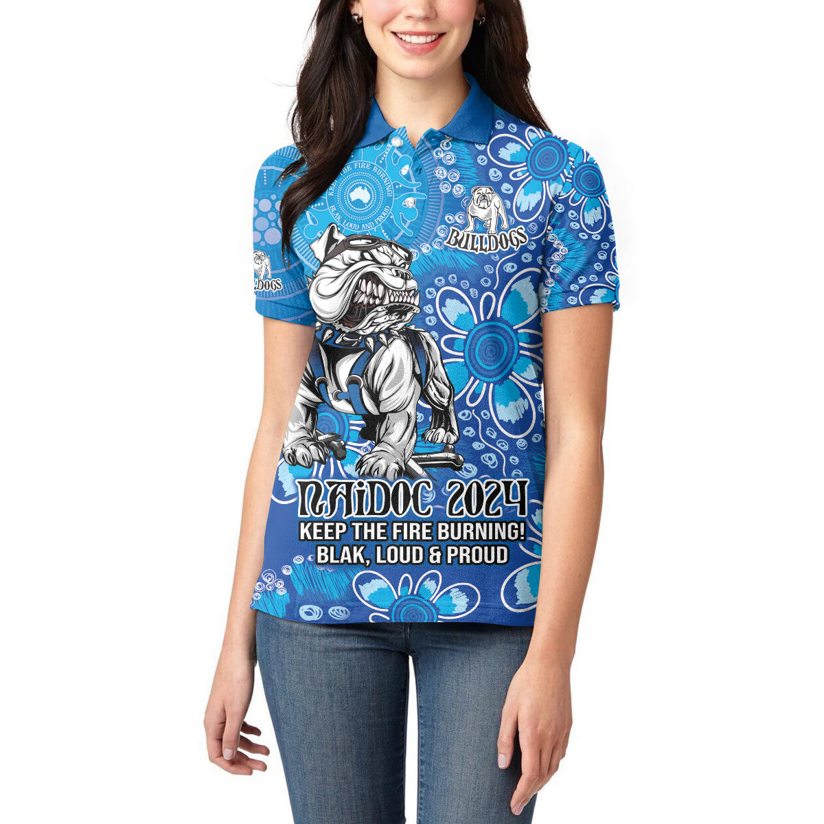 Personalised Bulldogs NAIDOC Week 2024 Women Polo Shirt Aboriginal Fire Burning Sparks