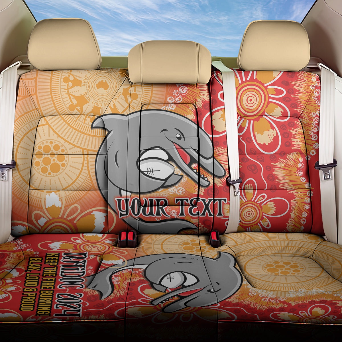 Personalised Dolphins NAIDOC Week 2024 Back Car Seat Cover Aboriginal Fire Burning Sparks