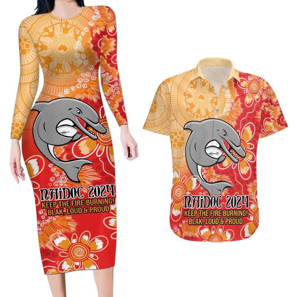 Personalised Dolphins NAIDOC Week 2024 Couples Matching Long Sleeve Bodycon Dress and Hawaiian Shirt Aboriginal Fire Burning Sparks