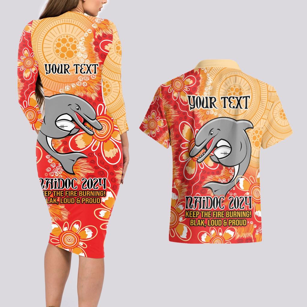 Personalised Dolphins NAIDOC Week 2024 Couples Matching Long Sleeve Bodycon Dress and Hawaiian Shirt Aboriginal Fire Burning Sparks