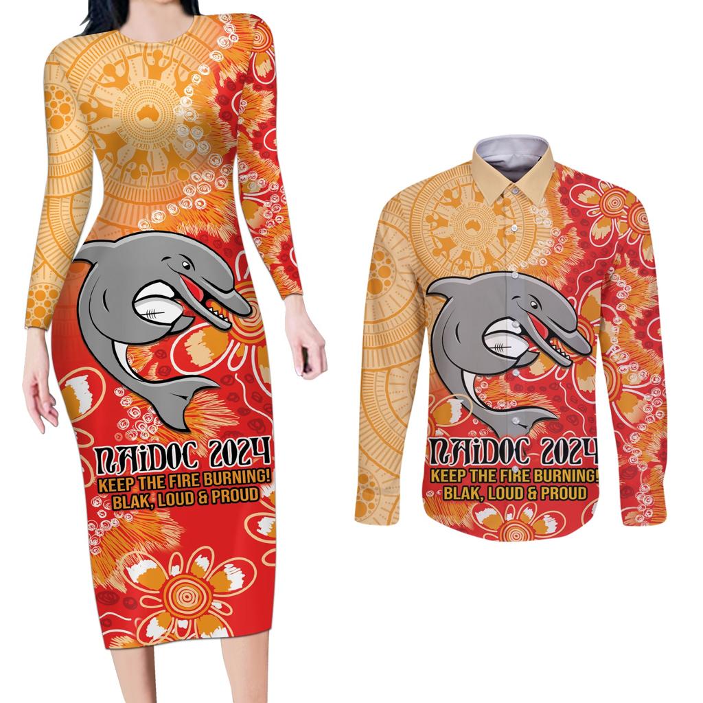 Personalised Dolphins NAIDOC Week 2024 Couples Matching Long Sleeve Bodycon Dress and Long Sleeve Button Shirt Aboriginal Fire Burning Sparks