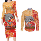 Personalised Dolphins NAIDOC Week 2024 Couples Matching Long Sleeve Bodycon Dress and Long Sleeve Button Shirt Aboriginal Fire Burning Sparks