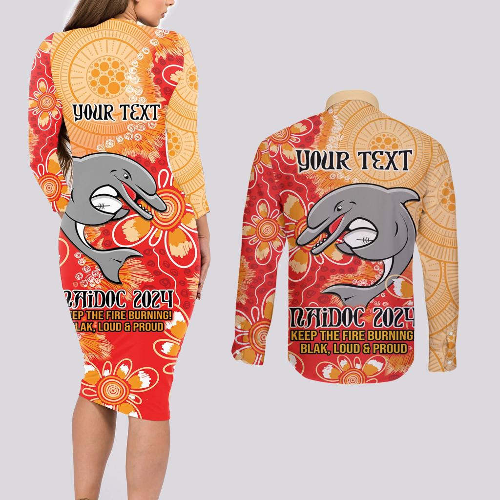 Personalised Dolphins NAIDOC Week 2024 Couples Matching Long Sleeve Bodycon Dress and Long Sleeve Button Shirt Aboriginal Fire Burning Sparks