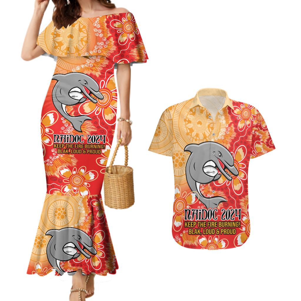Personalised Dolphins NAIDOC Week 2024 Couples Matching Mermaid Dress and Hawaiian Shirt Aboriginal Fire Burning Sparks