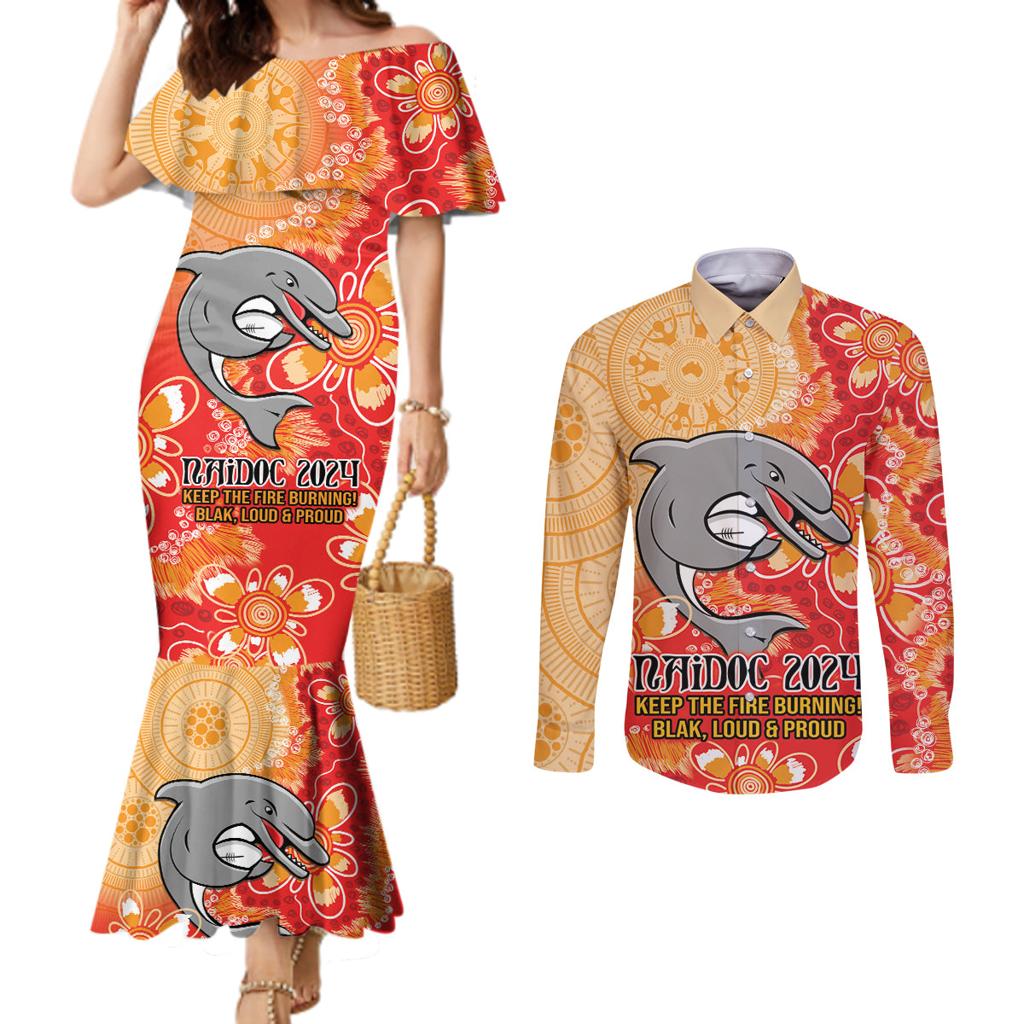 Personalised Dolphins NAIDOC Week 2024 Couples Matching Mermaid Dress and Long Sleeve Button Shirt Aboriginal Fire Burning Sparks