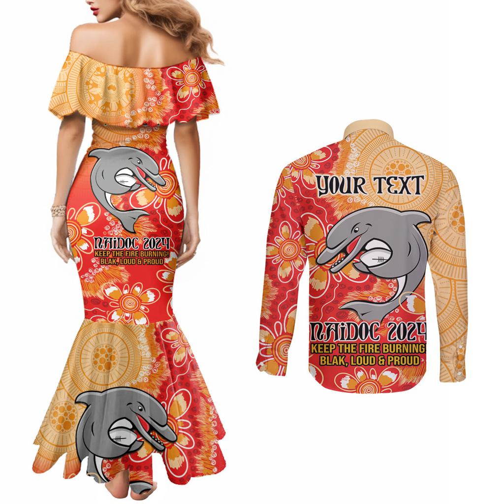 Personalised Dolphins NAIDOC Week 2024 Couples Matching Mermaid Dress and Long Sleeve Button Shirt Aboriginal Fire Burning Sparks