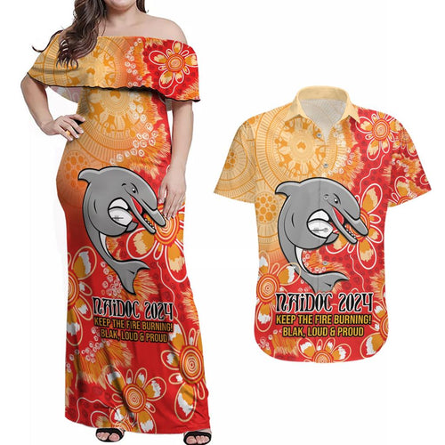 Personalised Dolphins NAIDOC Week 2024 Couples Matching Off Shoulder Maxi Dress and Hawaiian Shirt Aboriginal Fire Burning Sparks