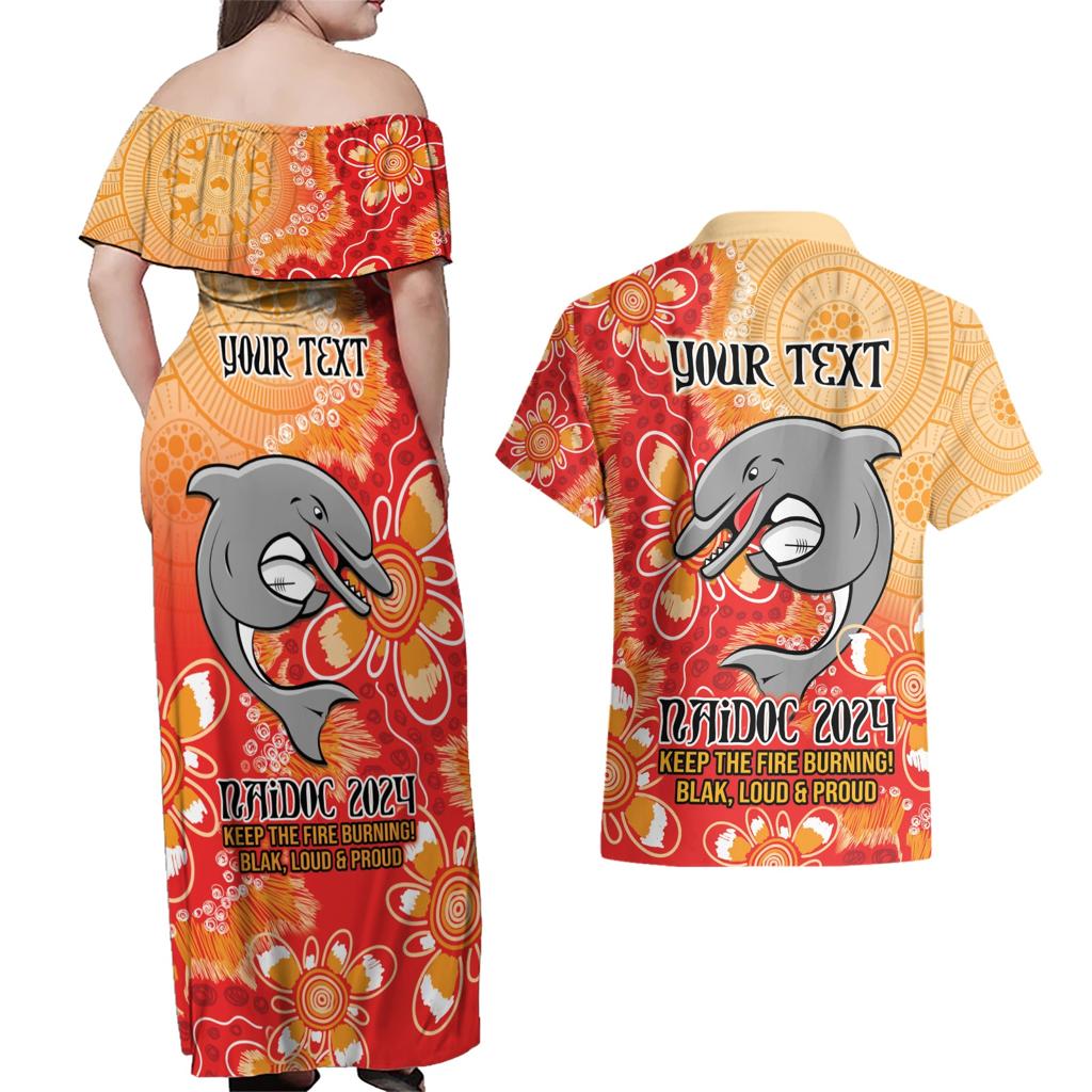 Personalised Dolphins NAIDOC Week 2024 Couples Matching Off Shoulder Maxi Dress and Hawaiian Shirt Aboriginal Fire Burning Sparks