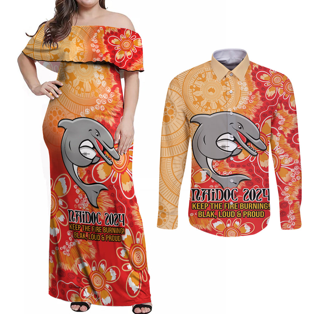 Personalised Dolphins NAIDOC Week 2024 Couples Matching Off Shoulder Maxi Dress and Long Sleeve Button Shirt Aboriginal Fire Burning Sparks