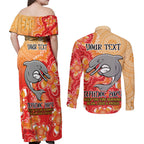 Personalised Dolphins NAIDOC Week 2024 Couples Matching Off Shoulder Maxi Dress and Long Sleeve Button Shirt Aboriginal Fire Burning Sparks