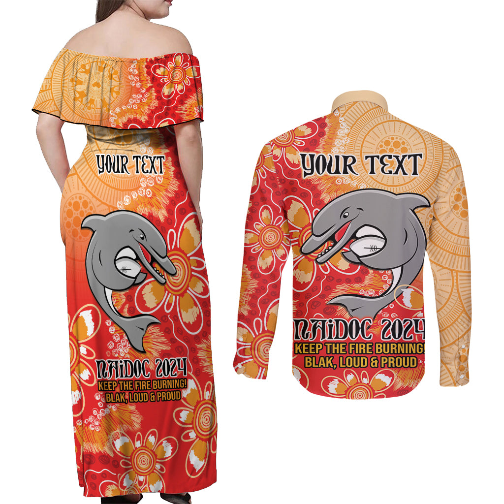 Personalised Dolphins NAIDOC Week 2024 Couples Matching Off Shoulder Maxi Dress and Long Sleeve Button Shirt Aboriginal Fire Burning Sparks