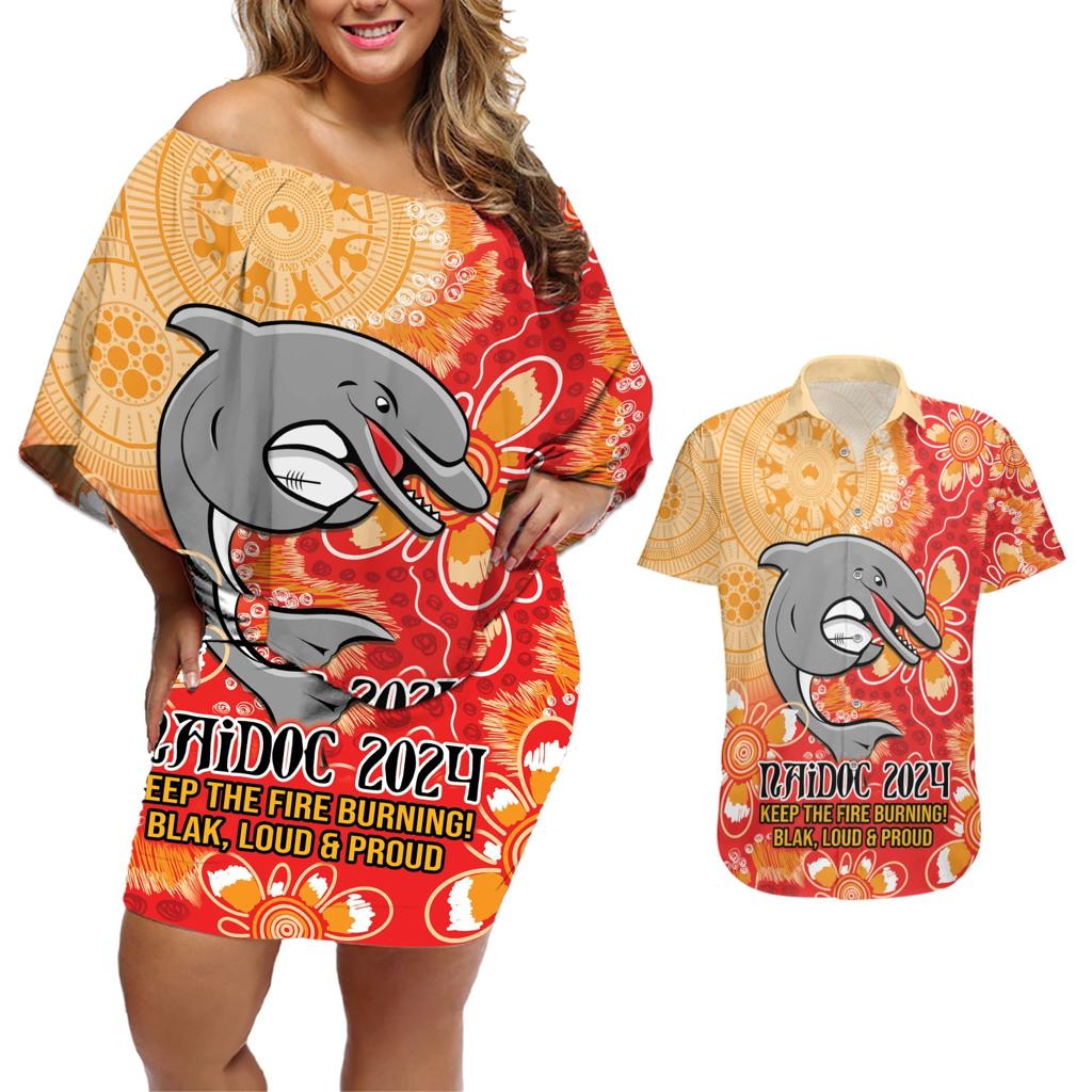 Personalised Dolphins NAIDOC Week 2024 Couples Matching Off Shoulder Short Dress and Hawaiian Shirt Aboriginal Fire Burning Sparks