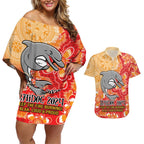 Personalised Dolphins NAIDOC Week 2024 Couples Matching Off Shoulder Short Dress and Hawaiian Shirt Aboriginal Fire Burning Sparks