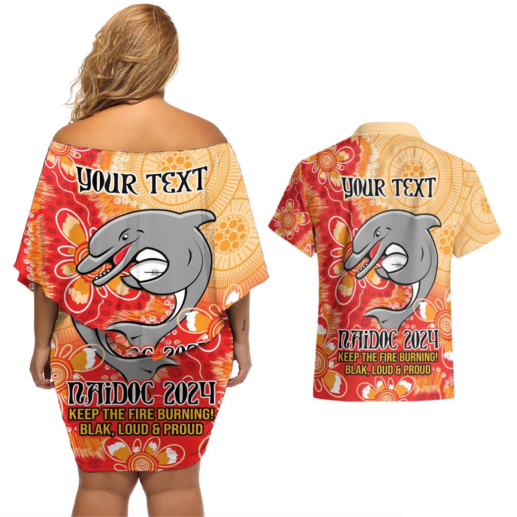Personalised Dolphins NAIDOC Week 2024 Couples Matching Off Shoulder Short Dress and Hawaiian Shirt Aboriginal Fire Burning Sparks