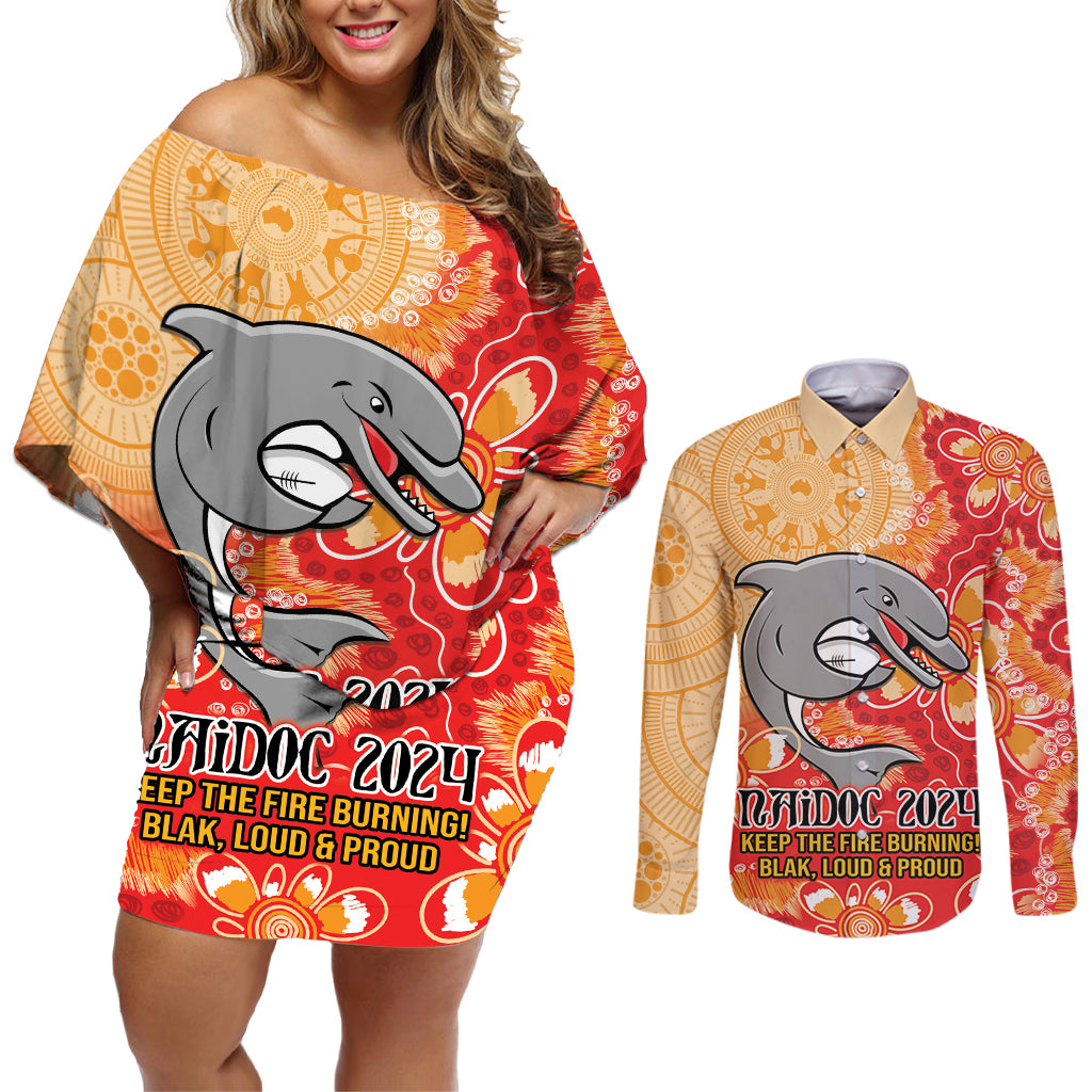 Personalised Dolphins NAIDOC Week 2024 Couples Matching Off Shoulder Short Dress and Long Sleeve Button Shirt Aboriginal Fire Burning Sparks