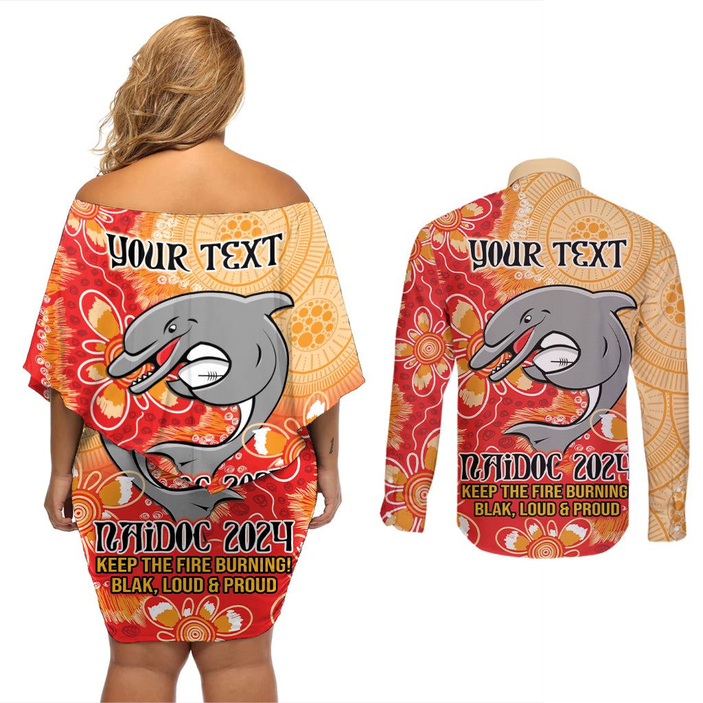 Personalised Dolphins NAIDOC Week 2024 Couples Matching Off Shoulder Short Dress and Long Sleeve Button Shirt Aboriginal Fire Burning Sparks