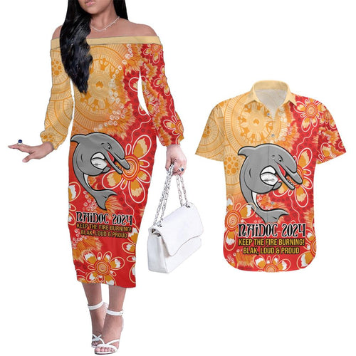 Personalised Dolphins NAIDOC Week 2024 Couples Matching Off The Shoulder Long Sleeve Dress and Hawaiian Shirt Aboriginal Fire Burning Sparks