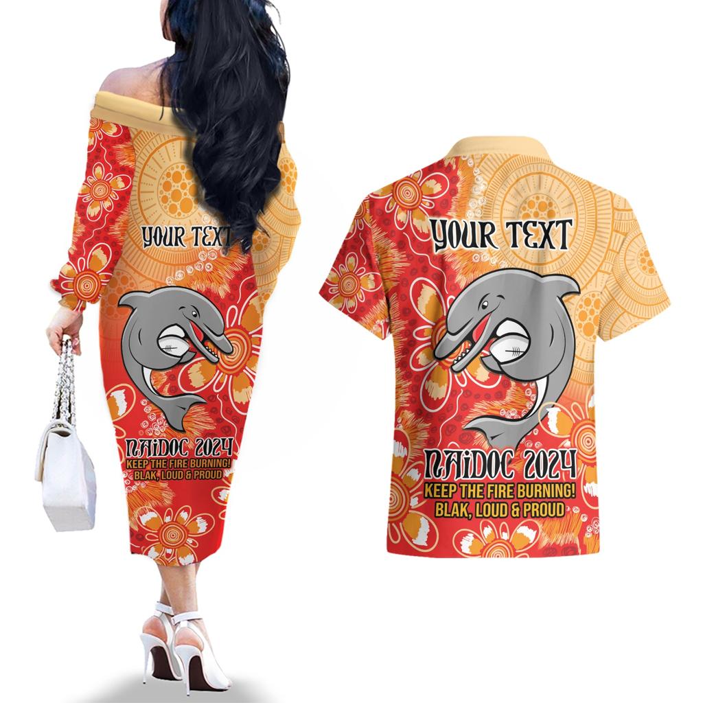Personalised Dolphins NAIDOC Week 2024 Couples Matching Off The Shoulder Long Sleeve Dress and Hawaiian Shirt Aboriginal Fire Burning Sparks