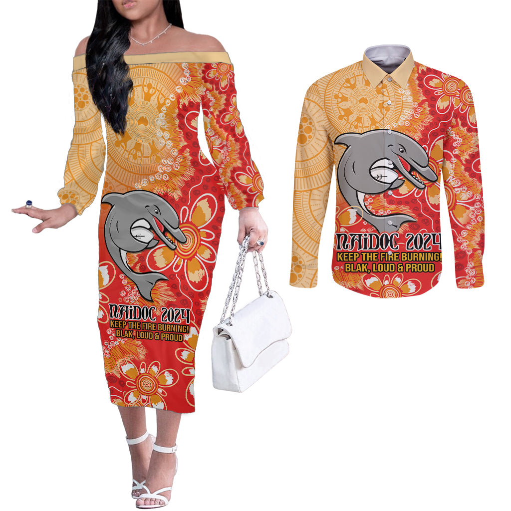 Personalised Dolphins NAIDOC Week 2024 Couples Matching Off The Shoulder Long Sleeve Dress and Long Sleeve Button Shirt Aboriginal Fire Burning Sparks