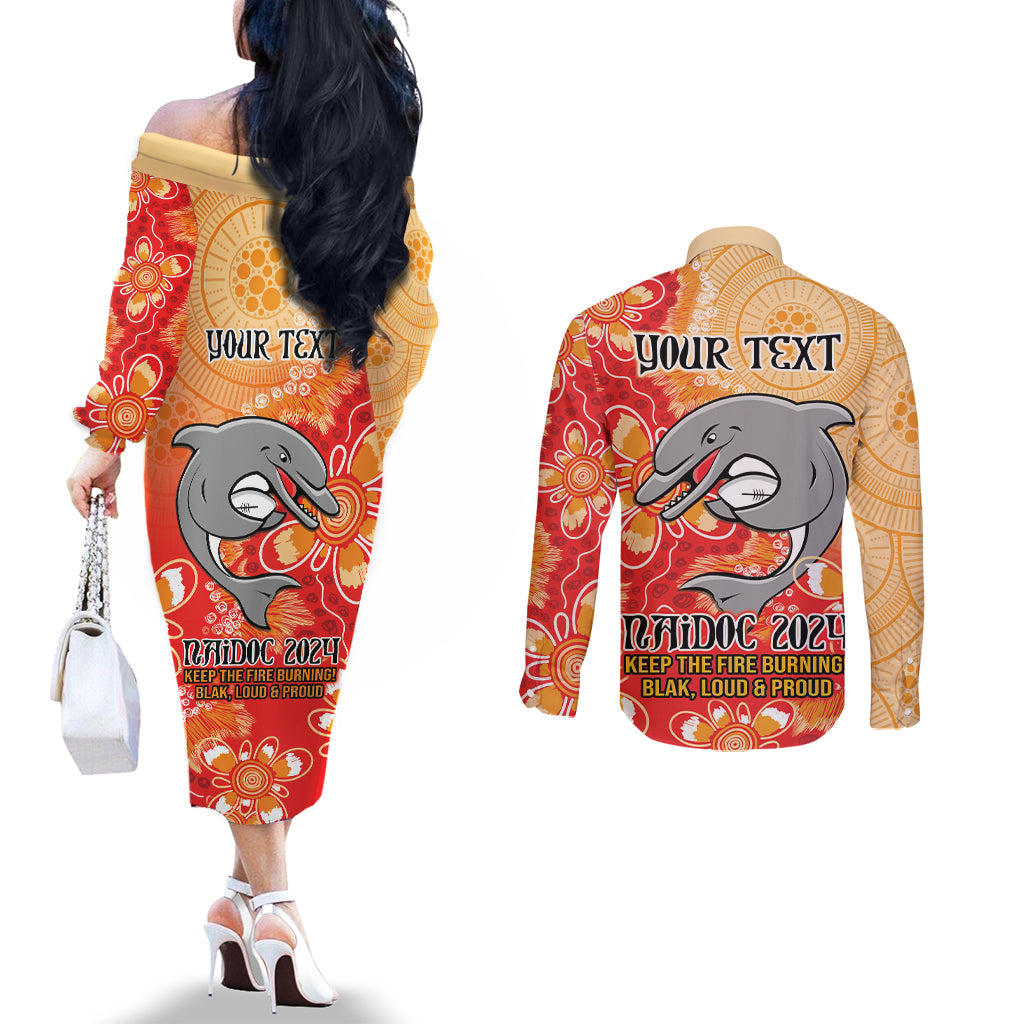 Personalised Dolphins NAIDOC Week 2024 Couples Matching Off The Shoulder Long Sleeve Dress and Long Sleeve Button Shirt Aboriginal Fire Burning Sparks