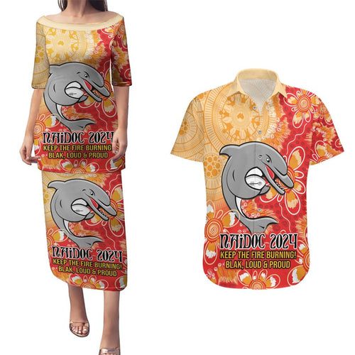 Personalised Dolphins NAIDOC Week 2024 Couples Matching Puletasi and Hawaiian Shirt Aboriginal Fire Burning Sparks
