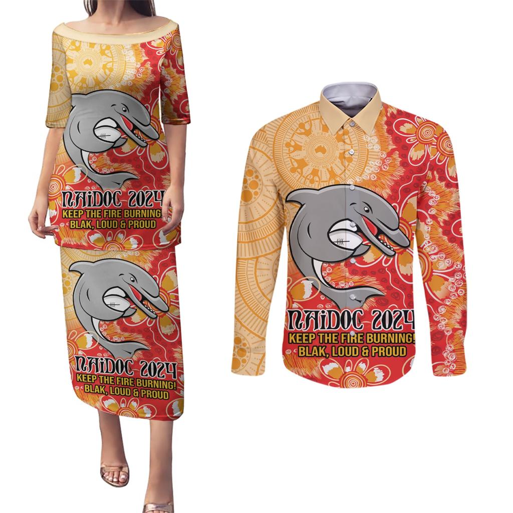 Personalised Dolphins NAIDOC Week 2024 Couples Matching Puletasi and Long Sleeve Button Shirt Aboriginal Fire Burning Sparks