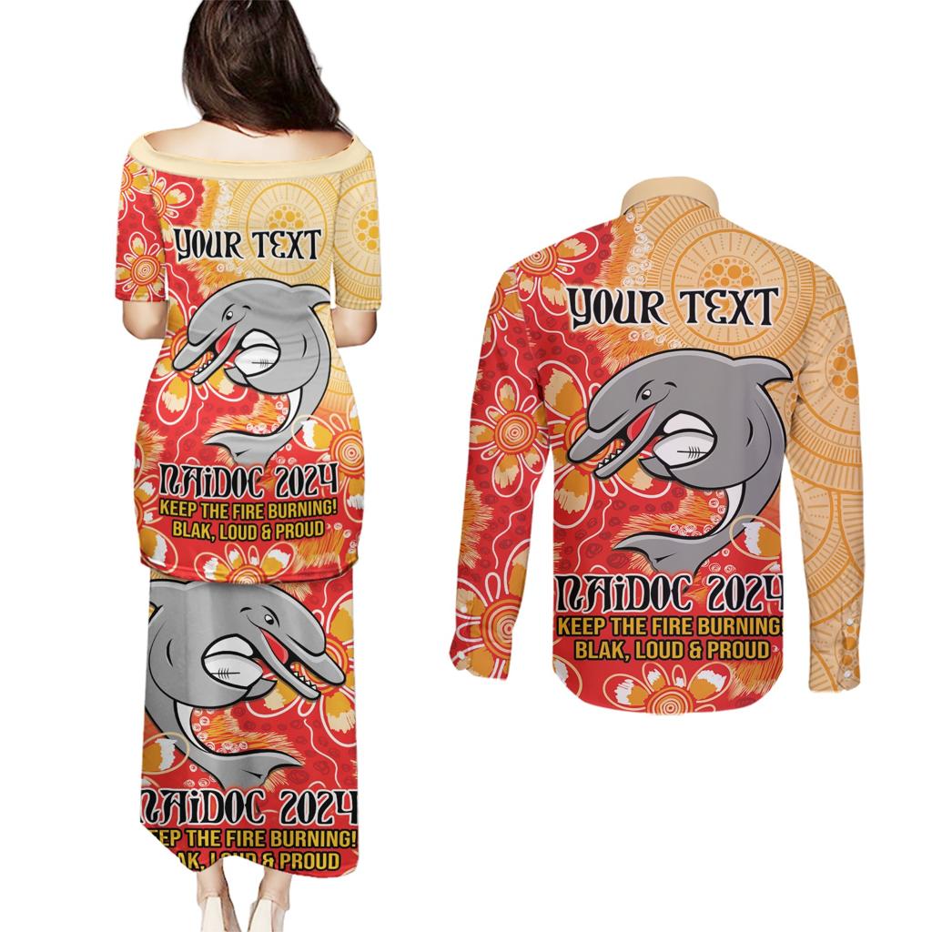 Personalised Dolphins NAIDOC Week 2024 Couples Matching Puletasi and Long Sleeve Button Shirt Aboriginal Fire Burning Sparks
