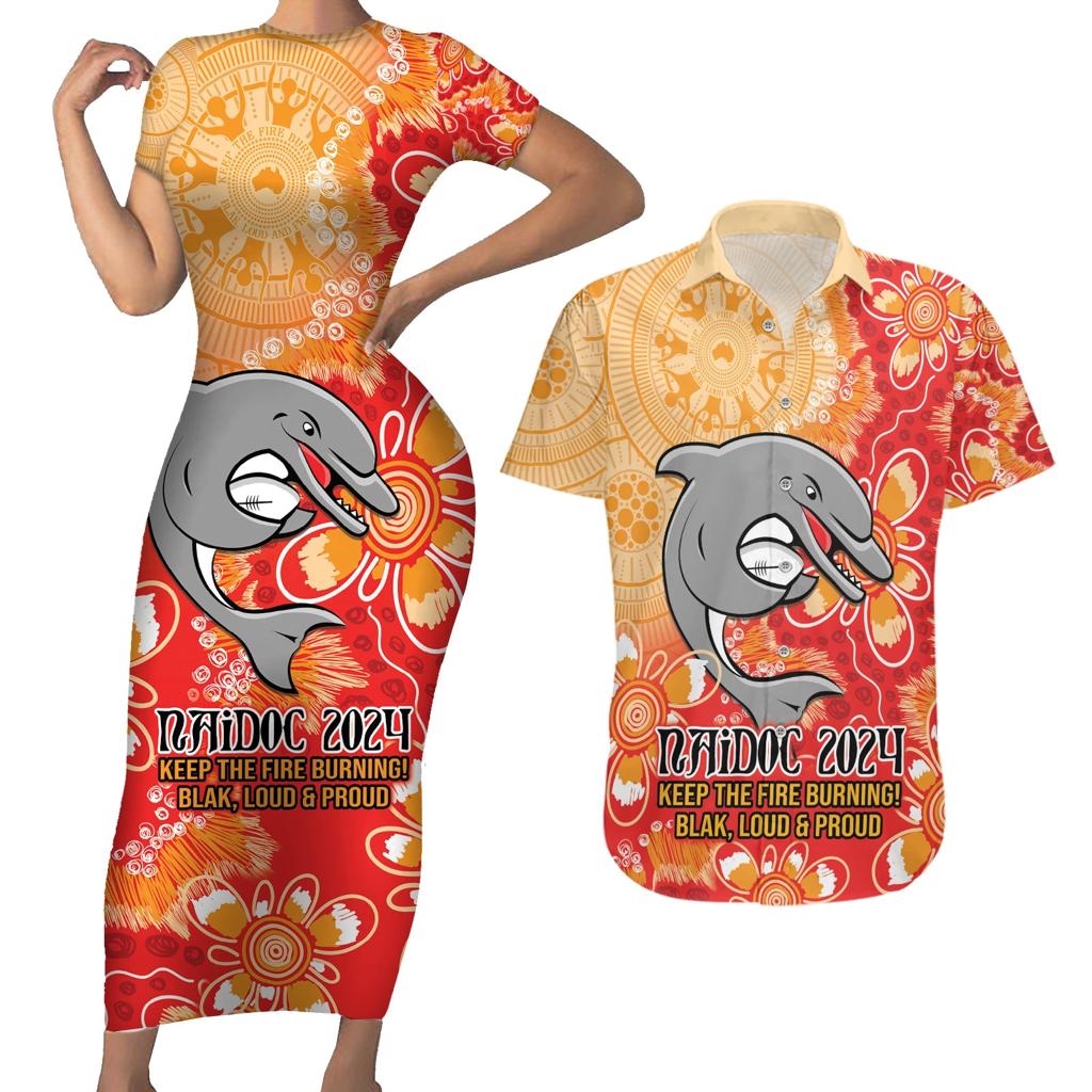 Personalised Dolphins NAIDOC Week 2024 Couples Matching Short Sleeve Bodycon Dress and Hawaiian Shirt Aboriginal Fire Burning Sparks