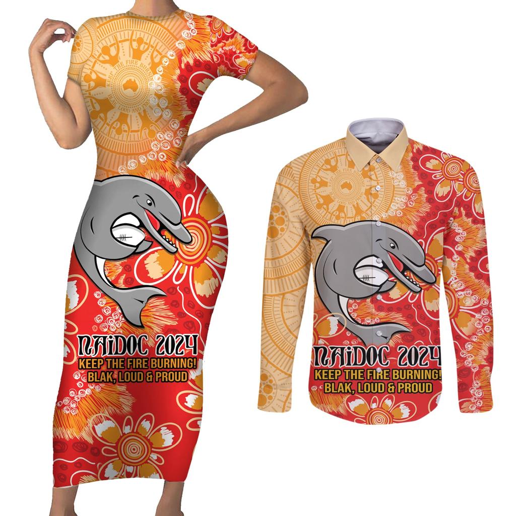Personalised Dolphins NAIDOC Week 2024 Couples Matching Short Sleeve Bodycon Dress and Long Sleeve Button Shirt Aboriginal Fire Burning Sparks