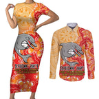 Personalised Dolphins NAIDOC Week 2024 Couples Matching Short Sleeve Bodycon Dress and Long Sleeve Button Shirt Aboriginal Fire Burning Sparks
