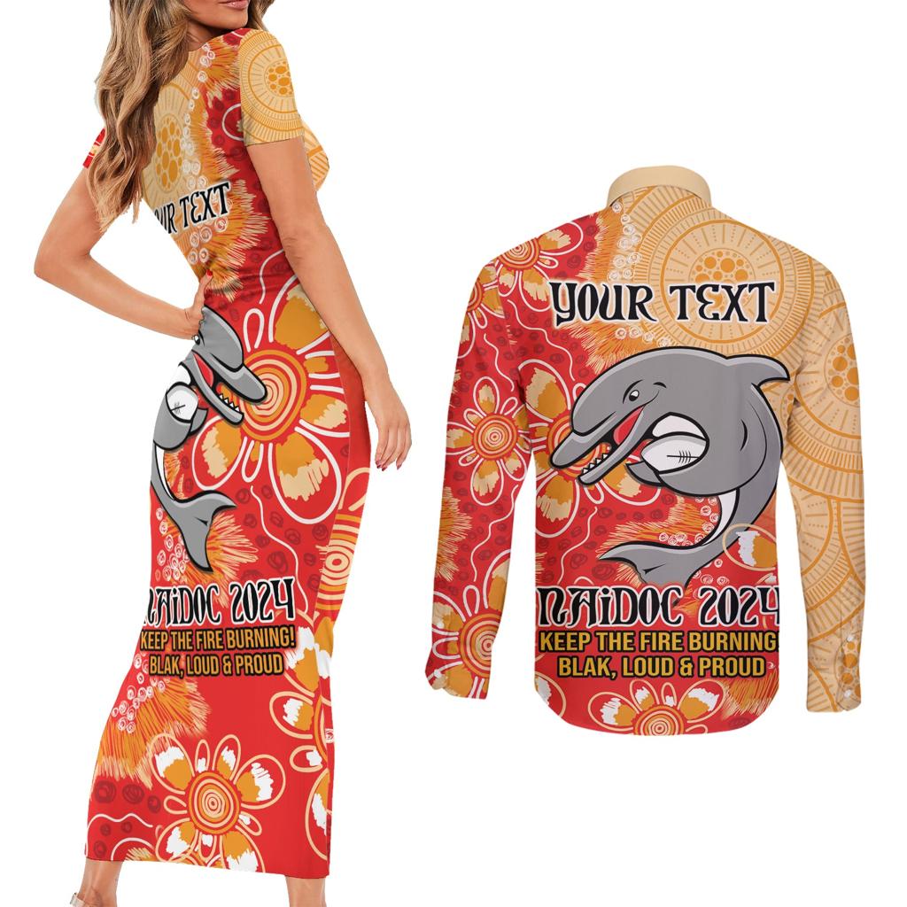 Personalised Dolphins NAIDOC Week 2024 Couples Matching Short Sleeve Bodycon Dress and Long Sleeve Button Shirt Aboriginal Fire Burning Sparks