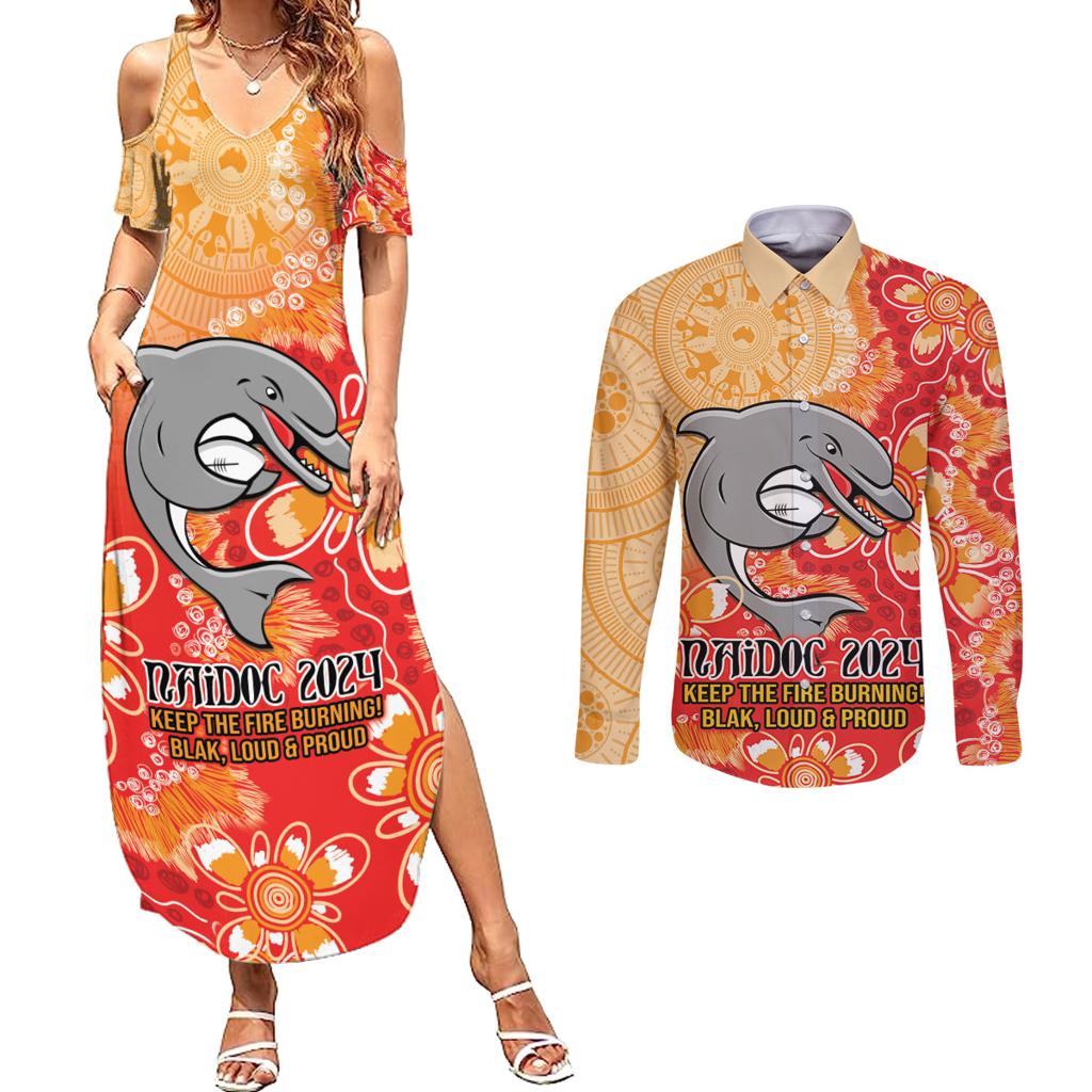 Personalised Dolphins NAIDOC Week 2024 Couples Matching Summer Maxi Dress and Long Sleeve Button Shirt Aboriginal Fire Burning Sparks